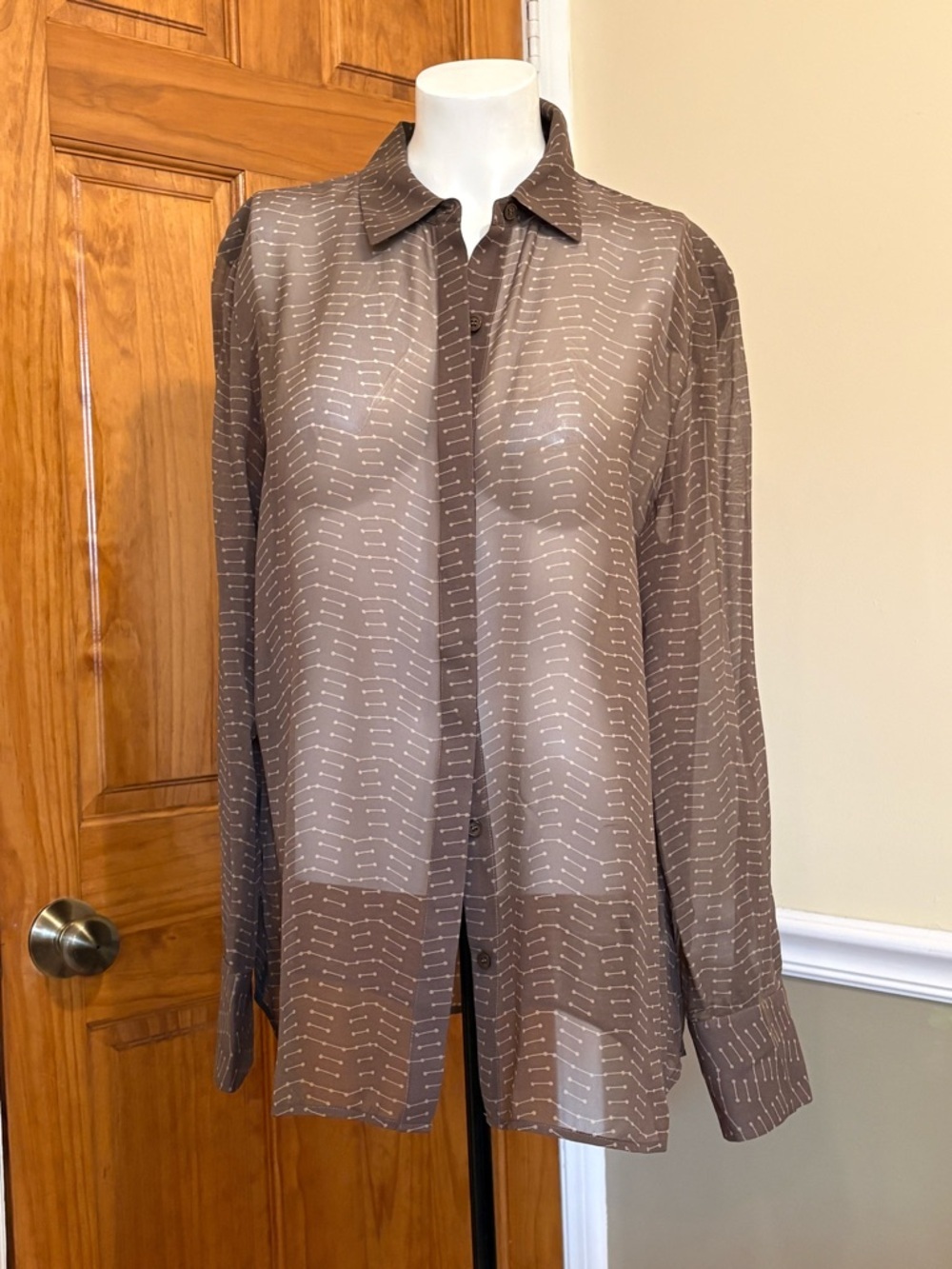 Lafayette 148 New York Taupe Brown Geometric Sheer Button-Down Shirt